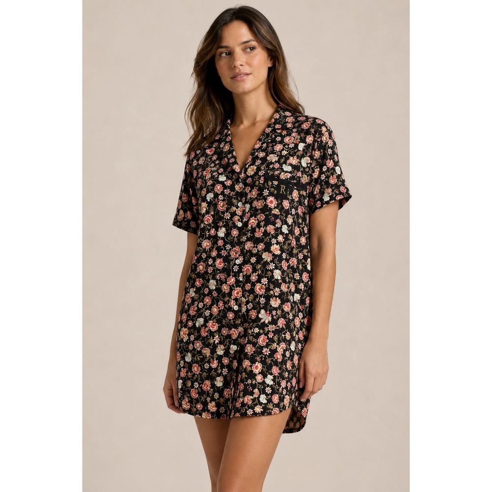 Lauren Ralph Lauren Womens Large night shirt Black Floral Cotton Viscose Button